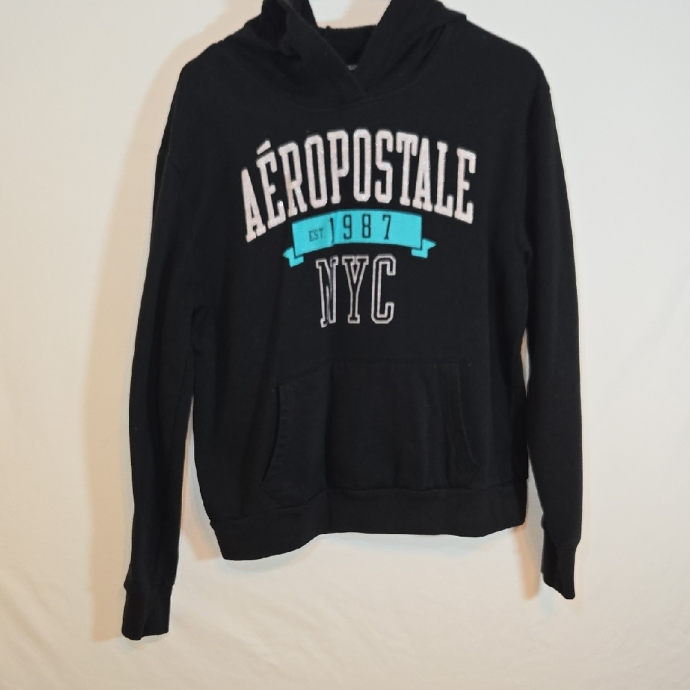 Aeropostale Black Hoodie with White and Blue Accents